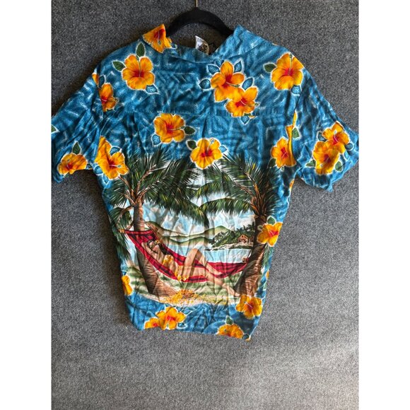 Vintage Hawaiian Print Shirt With Tropical Beach Scene & Palm Trees Button-Up Sh - Picture 4 of 12